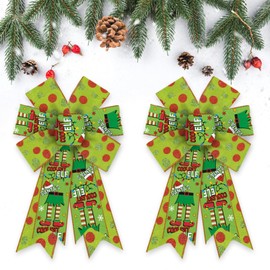 Estivaux 2 Pieces Christmas Bows for Wreath, Merry Christmas Wreath Bows Green Burlap Bows Xmas Gnomes Craft Bows Ornaments Winter Tree Bows for Front Door Christmas New Year Decorations