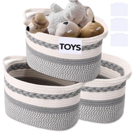 XLHOMO 3 Pack Rope Basket, Grey Storage Baskets with Handle and Labels, 13x9x9 Inch Woven Baskets Cotton Rope Woven Baskets for Organizing - Perfect for Kids, Dog Toys, Books, Towels, Shelves