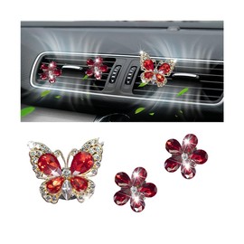 Sandfren Bling Butterfly Flower Car Air Vent Clip, 3PCS Crystal Rhinestone Diamond Cute Air Conditioning Outlet Ornaments, Auto Interior Dashboard Decoration, Compatible with Most Vehicle (Red)