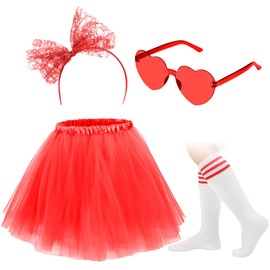Maiteenly Women Tutu Skirt 80s 90s Costume Outfits Accessories Heart Sunglasses Bow Headband Stripe Socks for Cosplay Party (Red)