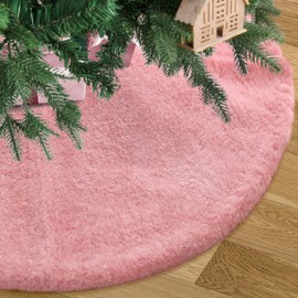 Atiming 36 Inches Christmas Tree Plush Skirt Pink Faux Fur Xmas Tree Skirt Base Cover Mat with Shiny Streamers for Christmas Tree Holiday Home Party Decorations - 90cm