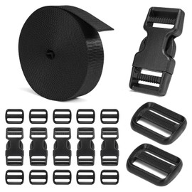 BEYOURD Buckles and Straps Set 1": 6 Yards of Thick Nylon Webbing, 6-Pack Heavy Duty Adjustable Quick Side Release Plastic Buckles, 12 Tri-Glide Slide Clips, Black (1-Inch Combo Set)