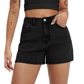 EMMIOL Women Jean Shorts High-Mid Waisted Stretchy Basic Wash Solid Denim Hot Shorts Boyfriend Casual Y2k Jorts for Summer Black L