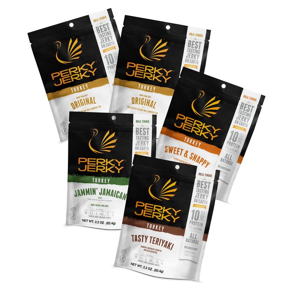 Perky Jerky Turkey Jerky Variety, 2.2 oz (Pack of 5) - Low Sodium - 7-10g Protein per Serving - Low Fat - 100% U.S. Sourced - Non-GMO