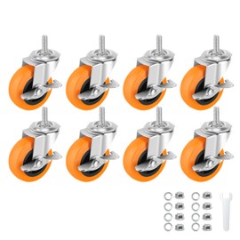 Caster Wheels, 3 Inch Casters Set of 8, Threaded Stem 3/8"-16 x 1 (Screw Diameter 3/8", Length 1") Polyurethane Locking Swivel Casters,Heavy Duty Castors with Brake Wheels for Furniture and Workbench