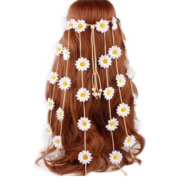 LERTREE Boho Daisy Headpiece Sunflower Tassel Headbands Fairy Crown Floral Headdress Hippie Festival Party headwear for Women (White)