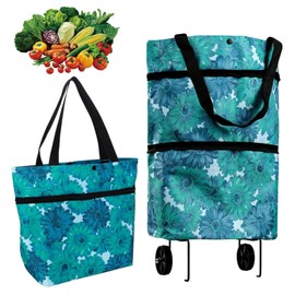 Foldable Shopping Trolley Bag, Portable Large Capacity Shopping Bag with Wheels, Folding Shopping Trolley Reusable Collapsible Shopping Tote Bag for Home Supermarket(Blue)