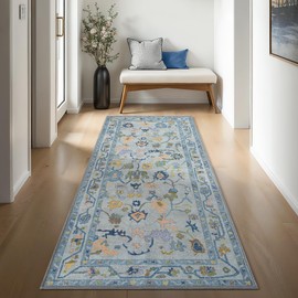 GIONARA Blue Oushak Runner Rug Hallway 2'5x9'8 - Turkish Modern Runner Rugs, Vintage Washable and Foldable Entrance Floral Pastel Long Rugs, Non-Slip Runner Rug for Hallway, Kitchen, Bedroom, Bathroom