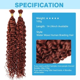 Human Braiding Hair Deep Water Wave Bulk 100g 18 Inch Color 350 Curly for Boho Braids Extensions No Weft 2 Braids Per Pack Wet and Wavy Dark Ginger