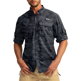 Men's Sun Protection Fishing Shirts Long Sleeve Travel Work Shirts for Men UPF50+ Button Down Shirts with Zipper Pockets(Grey Camo Medium)