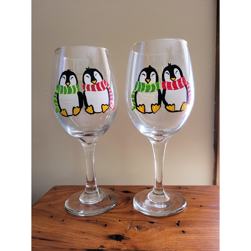 Cute Winter Penguin Couple Hand Painted Stemmed Wine Glasses Set