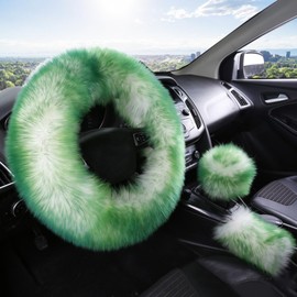 Car Steering Wheel Cover Gear Shift Handbrake Fluffy Cover for Women/Ladies Pure Wool Universal Fit 15 Inch 1 Set 3 Pcs (Green)