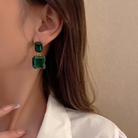 Square Crystal Dangle Earrings for Women Clear Rhinestone Statement Earrings Minimalist Geometric Rectangle Drop Dangle Earrings Prom Pageant Jewelry Birthday Gift for Women (Green)