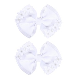 4" Flower Hair Bows for Girls White Pearl Bowknot Hair Clips Floral Ribbon Alligator Barrettes Toddler Teen Kids Women Wedding Pageant Communion Party Dress Decoration Accessory