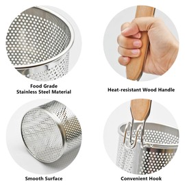 Stainless Steel Pasta Strainer, 2pcs Micro-Perforated Food Dumpling Noodle Strainer with Wood Handle Straining Noodles Pasta Baskets