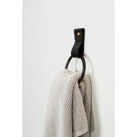 KEYAIIRA - Small Leather Wall Hook, black towel ring wall hanging strap towel hook for wall leather loop strap minimal towel bar rack storage decorative bathroom hand towel holder