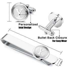 Kakonia 2Pack Tie Clips Cufflinks Cuff Link Set for Men Long Styles Mens Tie Clip Skinny Tie Bar Clip Set for Business Wedding Personalization 26 Letters Y