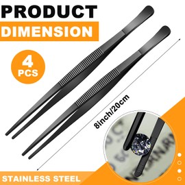 Yaomiao 4 Packs 8 Inch Bar Tweezers Black Long Garnish Tongs Stainless Steel Kitchen Cooking Tongs Tweezers for Food Cocktail Korean BBQ Bartender Chef, Multi-use