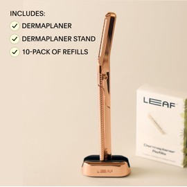 Leaf Shave | Leaf Dermaplaner Kit, All-Metal Reusable Dermaplane Razor and Exfoliating Tool for Women, Includes Matching Stand and 10-Pack of Refills - Gold