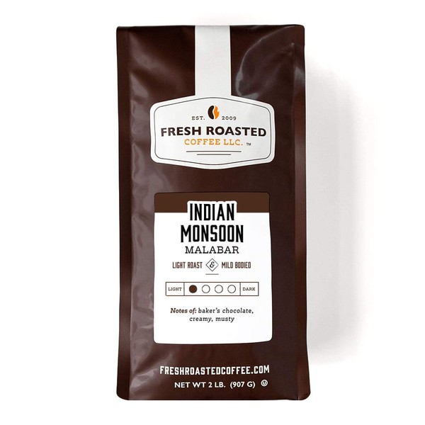 Fresh Roasted Coffee LLC, Indian Monsoon Malabar Coffee, Light Roast, Whole Bean, 2 Pound Bag