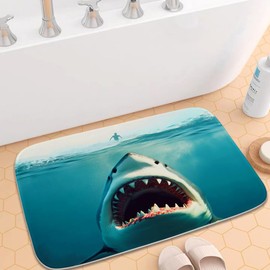 Funny Shark Beach Underwater Nautical Bathroom Bathtubs Coral Velvet Bath Rugs Non Slip Ocean Sea Shower Mat Door Rug Decor Sets Flannel Absorbent Kitchen Rug Floor Carpet 20”x31“, Blue