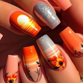 Summer Press on Nails Medium Nails Press ons Coffin Fake Nails with Sunset Flower Designs Glitter Glue on Nails Orange Acrylic Nails Glossy False Nails Natural Stick on Nails for Women 24Pcs