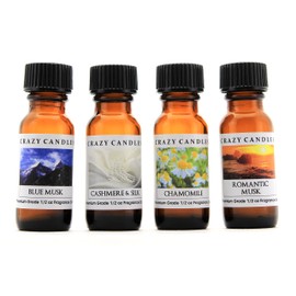 Crazy Candles 4 Bottle Set: 1 Blue Musk, 1 Cashmere & Silk, 1 Chamomile, 1 Romantic Musk 1/2 Fl Oz Each (15ml) Premium Grade Scented Fragrance Oil