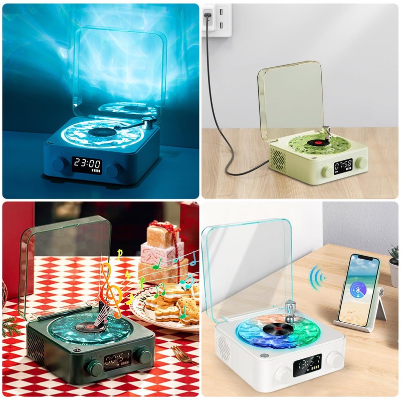 Vinyl Record Player with Water Waves Lamp, Dark Green Waves