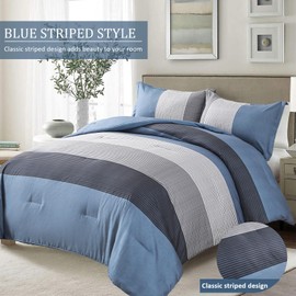 WONGS BEDDING Comforter Set Queen Size, Reversible Blue Grey Striped Patchwork Alternative Comforter for Queen Bed,3 Pieces (1 Comforter+2 Pillowcases), Soft Microfiber Bedding Duvet Set 90”×90”