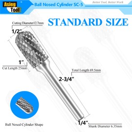 SC-5 Tungsten Carbide Burr Rotary File Cylindrical Shape with Radius End Double Cut with 1/4''Shank for Die Grinder Drill Bit