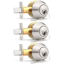 Probrico 3 Pack Brushed Nickel Double Cylinder Deadbolt Lock Set, Round Keyed Both Side Door Lock for Exterior and Interior Door