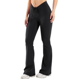 YEOREO Women Workout Scrunch Flare Leggings Drawstring No Front Seam Ericane Butt Lifting 31.5" Gym Yoga Leggings Black M