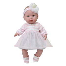 JC Toys | Berenguer Boutique | Baby Doll Outfit | Pink Striped Dress with Tulle Skirt, Shorts, Headband, and Booties | Ages 2+ | Fits Dolls 14"- 16"