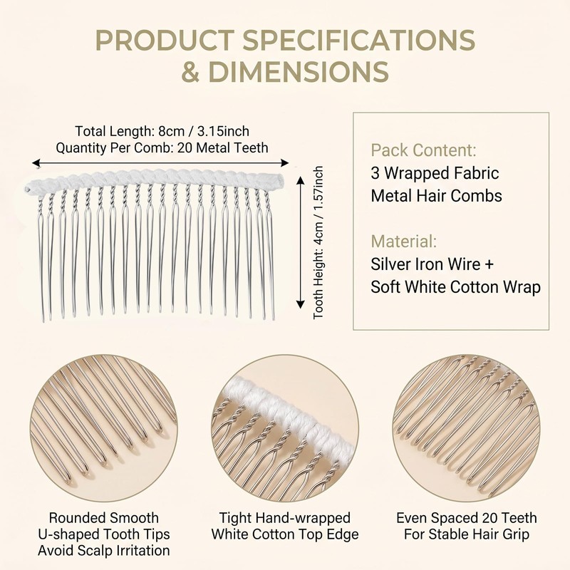 3 Pcs 20 Teeth Ribbon-Wrapped Bridal Veil Combs