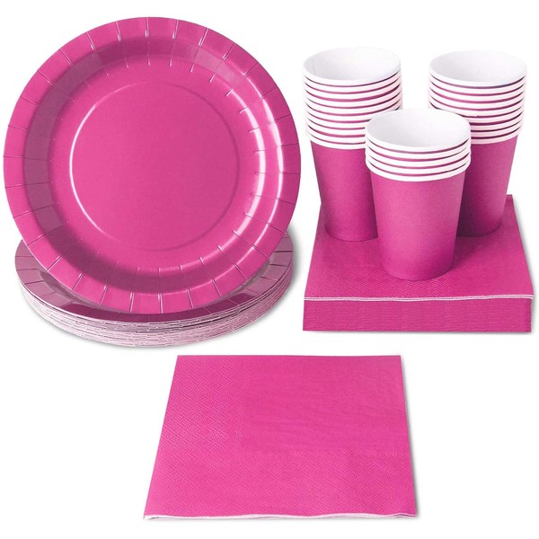 Hot Pink Party Supplies, Paper Plates, Cups, and Napkins (Serves 24, 72 Pieces)