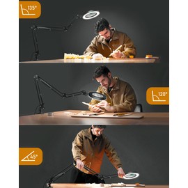 NOEVSBIG Magnifying Glass Desk Lamp with 3-Section Swing Arm and Big Clamp, Magnifying Glass with Light and Stand, 10X Wide Desk Magnifier Light for Reading/Office/Crafting/Close Work