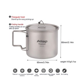 ATiAP Ultralight Titanium Cup Mug 550 ml / 19 oz (3.75 L X 3.75 W X 3.5 H Inches) Camping Fry Pan Foldable Handle with Lid and Stuff Sack Titanium Pot