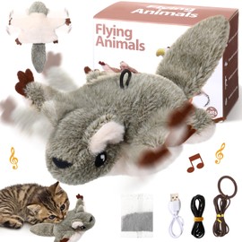 MiniInflat Interactive Flapping Flying Squirrel Cat Toy with Chirping and Flapping Wings No Flying Rechargeable Catnip Touch Activated Electronic Kittens Plush Exercise Toys for Indoor Cats Small Dogs
