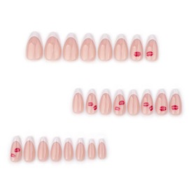 French Tip Press on Nails Almond Fake Nails Medium False Nails with Lip Design Acrylic Full Cover Artificial Nails Glossy Glue on Nails Stick on Nails for Women Valentines Holiday Nails 24Pcs