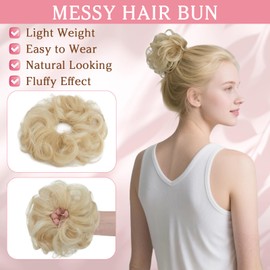 Benehair Human Hair Messy Bun Tousled Updo Elastic Hair Bun Curly Wavy #60 Platinum Blonde Real Hair Scrunchies Hairpiece for Women 23g