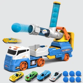 Dwi Dowellin Truck Toys for Kids, 28" Large Car Toys Include 4 Racing Cars+6 Ball, with Light & Sounds, Eejection&Shooting Transport Cars Toy, Gifts for Boys Girls 3-12 Year Old-Blue
