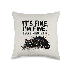 It's Fine I'm Fine Cat Tangled Christmas Lights Merry Xmas Throw Pillow