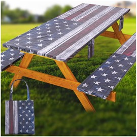 Fitted Picnic Table Cover with Bench Covers Waterproof Elastic Edges Rectangle Patio Tablecloth Outdoor Camping Essentials Stuff Rv Accessories Summer Trip Travel Supplies Party Camper Gifts, 8 ft