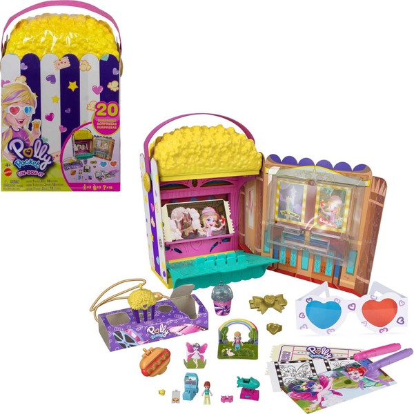 Polly Pocket Un-Box-It Playset, Popcorn Shaped Box Opens to a Movie Theater Adventure, 20 Accessories Including 2 Micro Dolls & 3 Tiny Takeaways, Great All-Occasion Gift for Ages 4 Years Old & Up