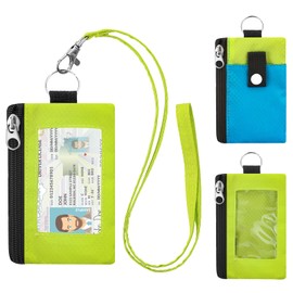 SUNDEE Minimalist Small Wallet with Lanyard, Waterproof ID Case with 2 Zipper Pockets and Key Chain for Men and Women, Tactical Badge Pouch Cards Holder, Coin Purse for Travel Sports-Blue+Green