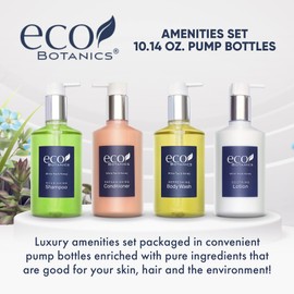 Eco Botanics Hotel Amenities Set | 10.14oz Pump Bottles | Shampoo, Conditioner, Hand & Body Wash, and Lotion | Set of 4