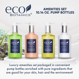 Eco Botanics Hotel Amenities Set | 10.14oz Pump Bottles | Shampoo, Conditioner, Hand & Body Wash, and Lotion | Set of 4