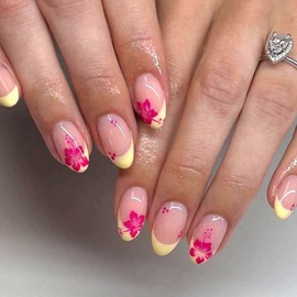 Yellow French Tip Press on Nails Short Oval Fake Nails with Rose Red Flower Dot Design Glue on Nails Light Pink Transparent False Nails Press ons Glossy Artificial Stick on Nails for Women 24Pcs