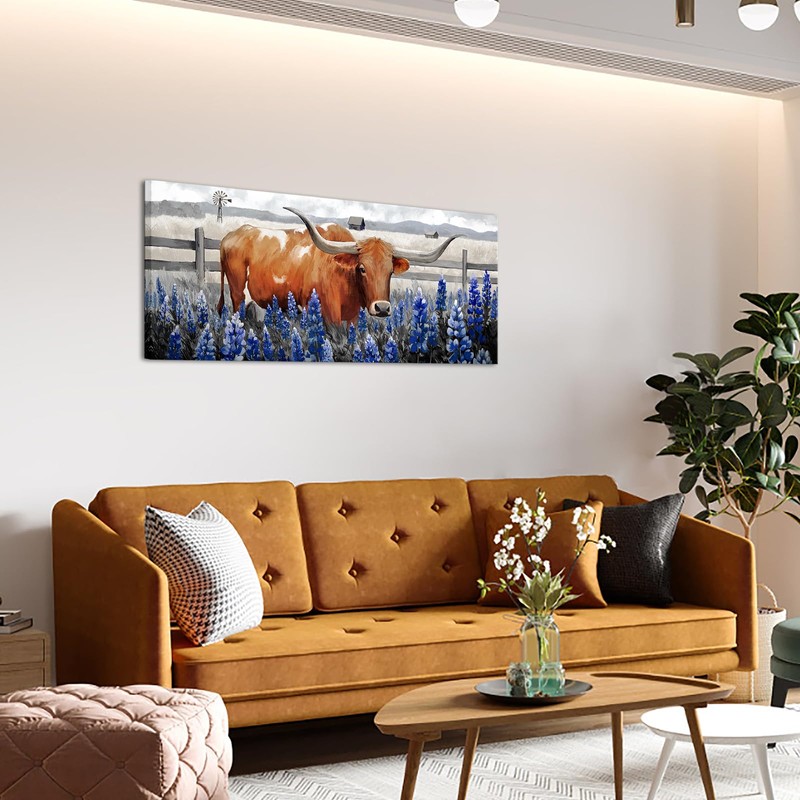Conipit Longhorn Cattle Wall Art Bluebonnet Pictures Western Canvas Art,