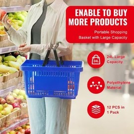 Happybuy Shopping Basket, Set of 12, 24L Durable Plastic, with Handle and Stand, 16.73 x 11.61 x 8.86 inch Portable, for Retail Store, Supermarket, Grocery, Blue